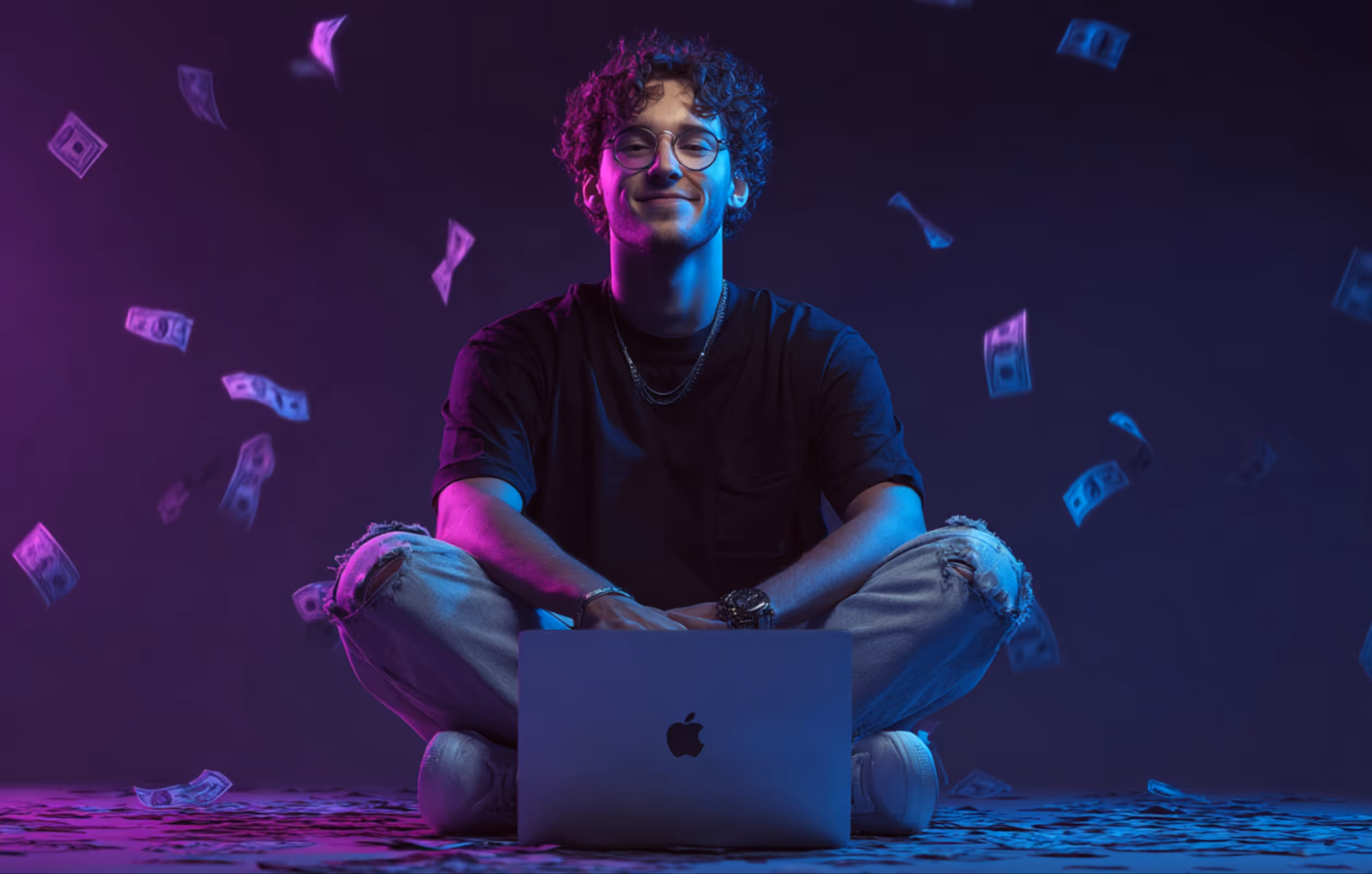 Young man with curly hair and glasses sitting cross-legged behind a laptop with cash floating and scattered around him, lit with purple and blue lighting.
