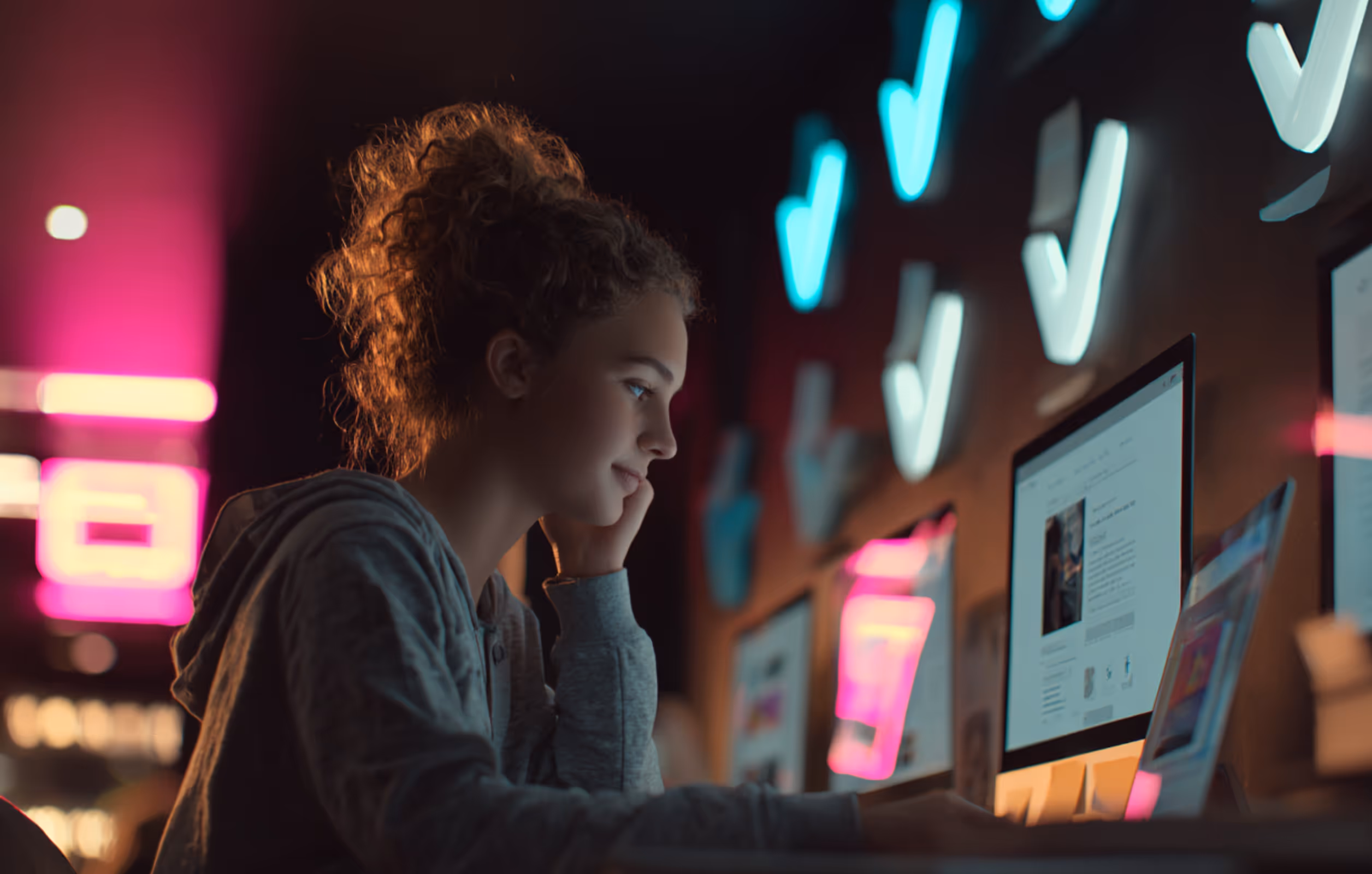 Young woman with curly hair in a gray hoodie focused on a computer screen in a dark room illuminated by blue checkmark lights and pink neon signs.