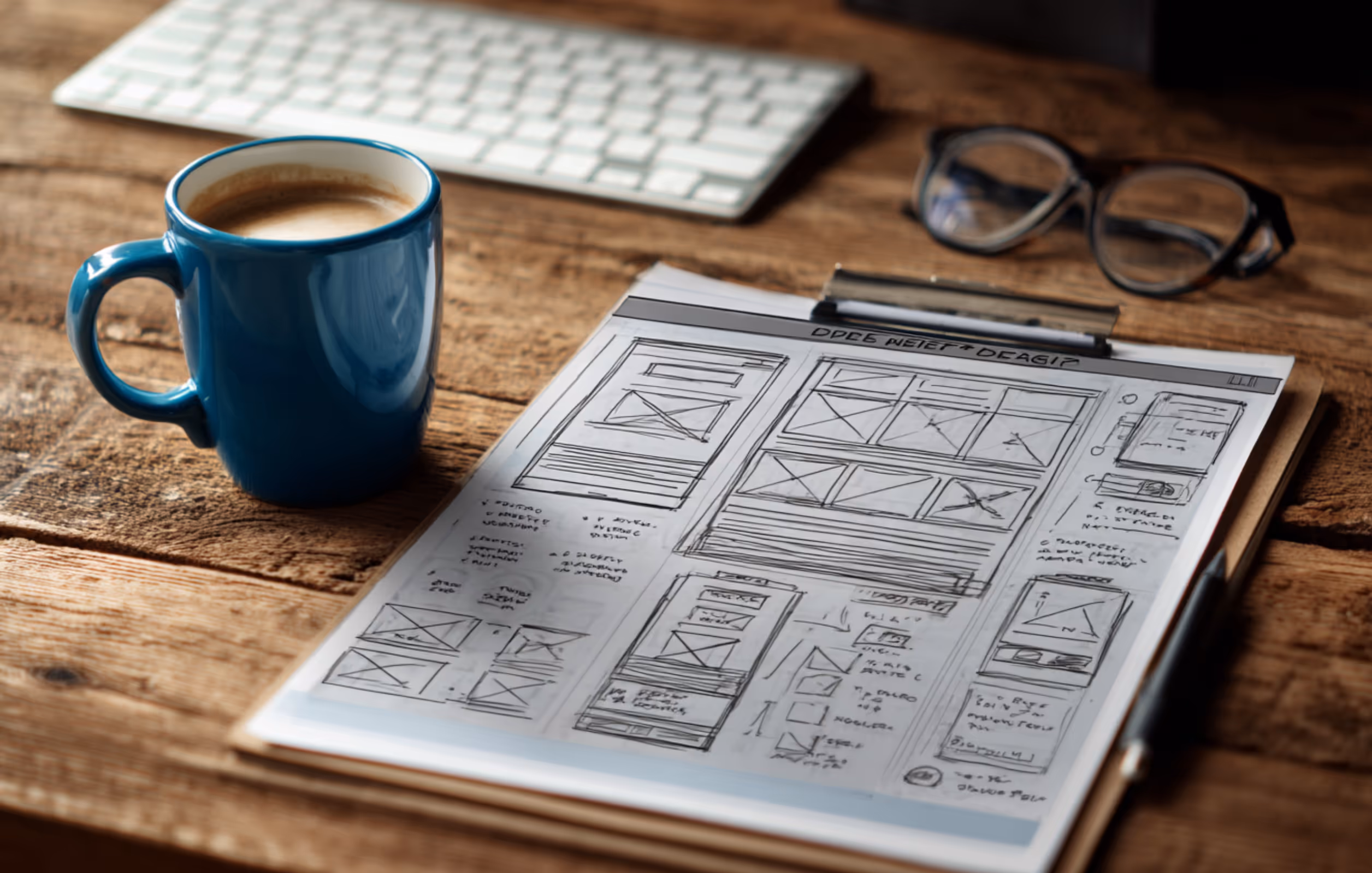 Clipboard with website wireframe sketches, a blue coffee mug, reading glasses, and a pen on a wooden desk.