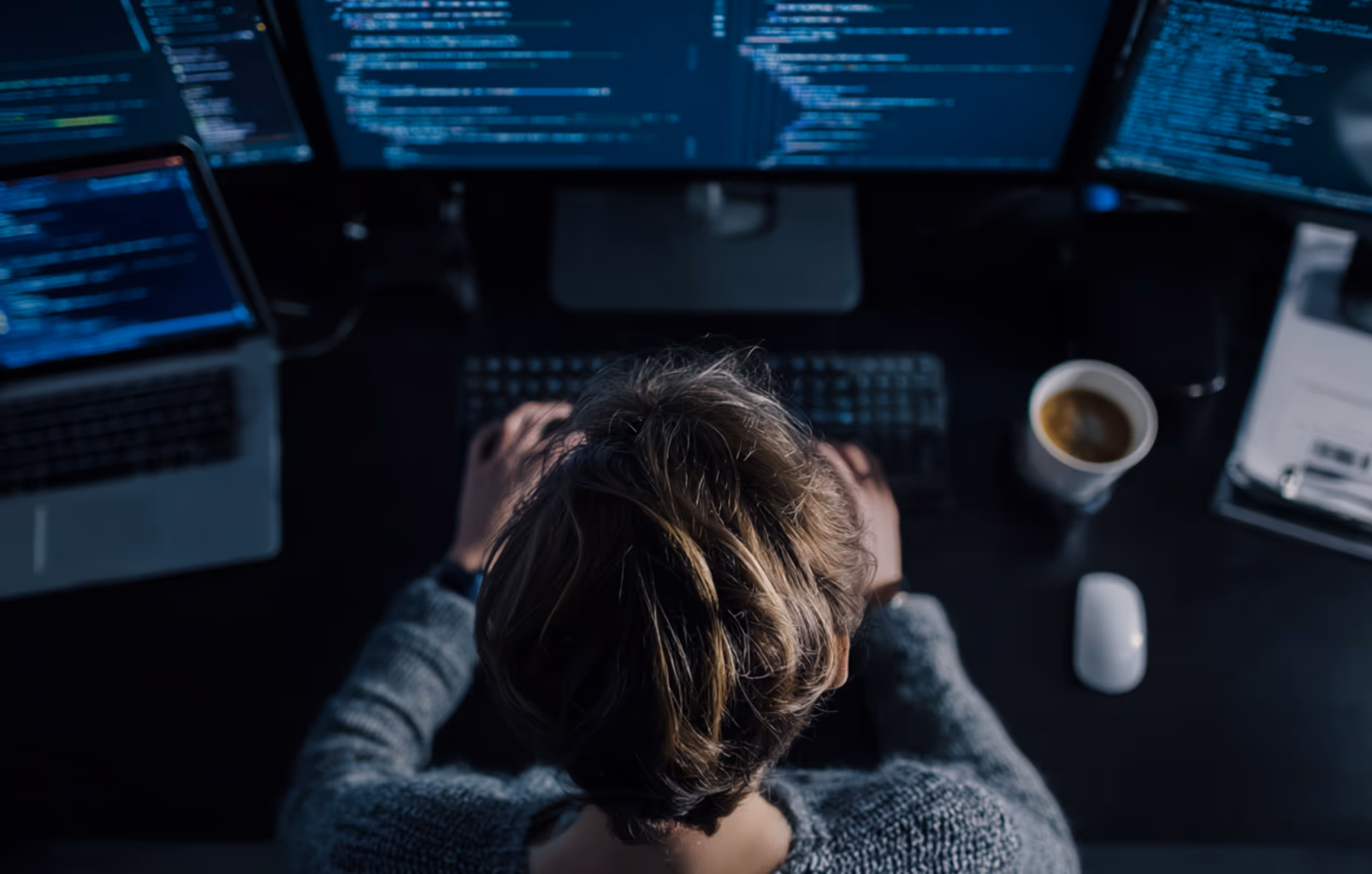 Person typing on a keyboard at a desk with multiple monitors displaying code and a cup of coffee nearby.