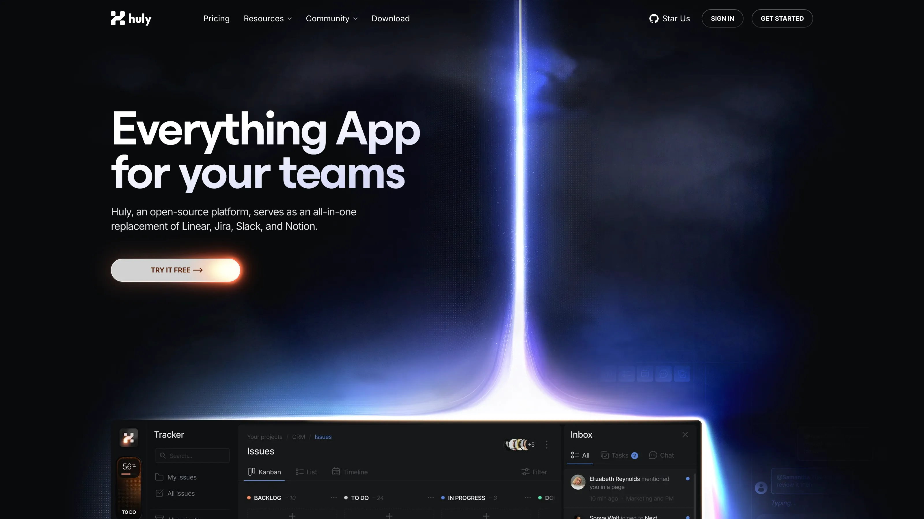 Dark-themed app landing page with slogan 'Everything App for your teams,' featuring a glowing vertical light and a preview of a project tracker and inbox interface.