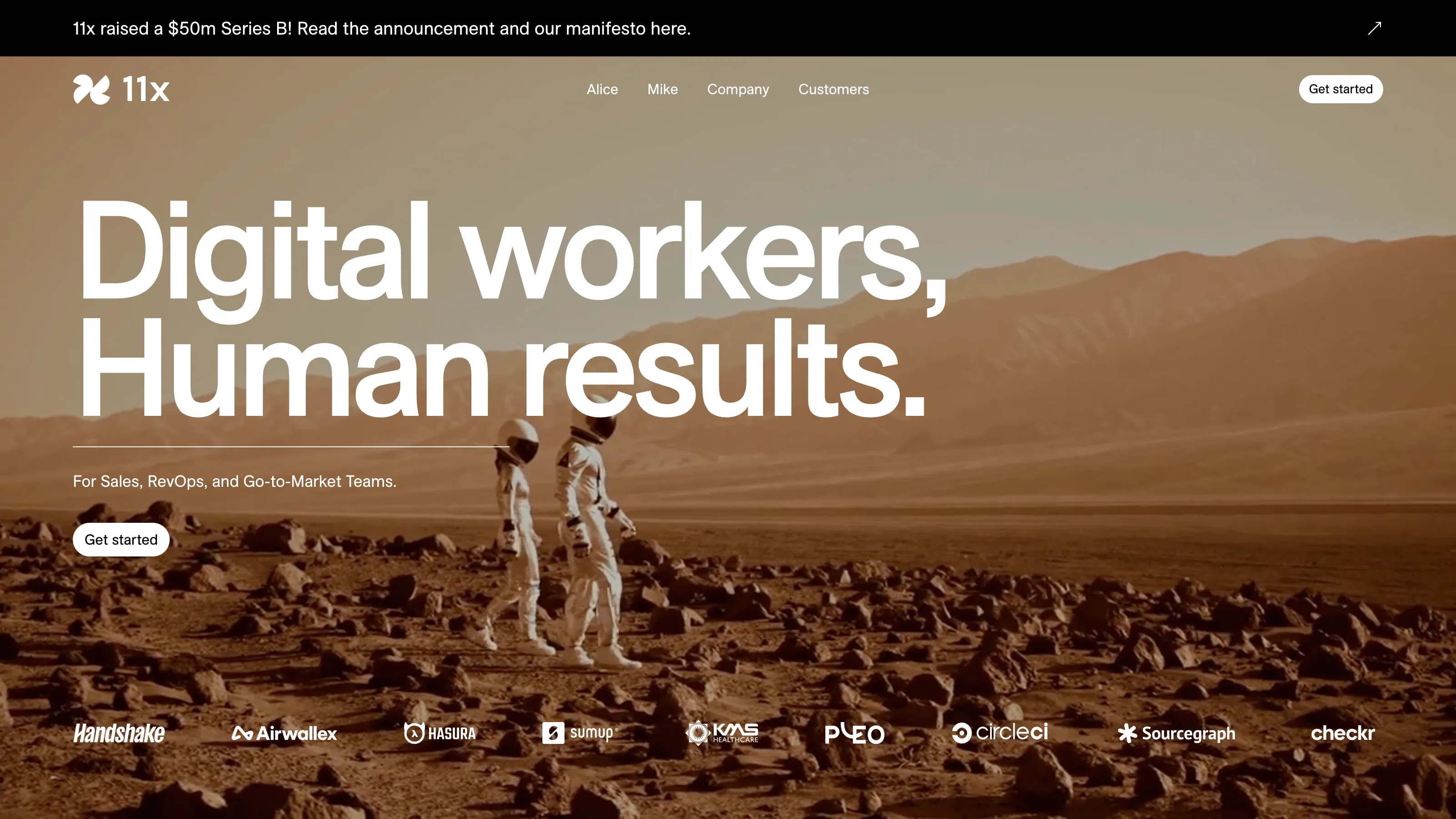 Two astronauts walking on a rocky, barren landscape with mountains in the background, overlaid with text 'Digital workers, Human results.'