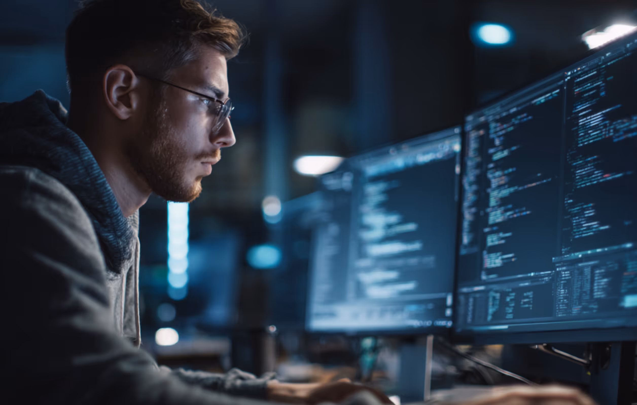 Focused man wearing glasses working on coding displayed on multiple computer monitors in a dimly lit room.
