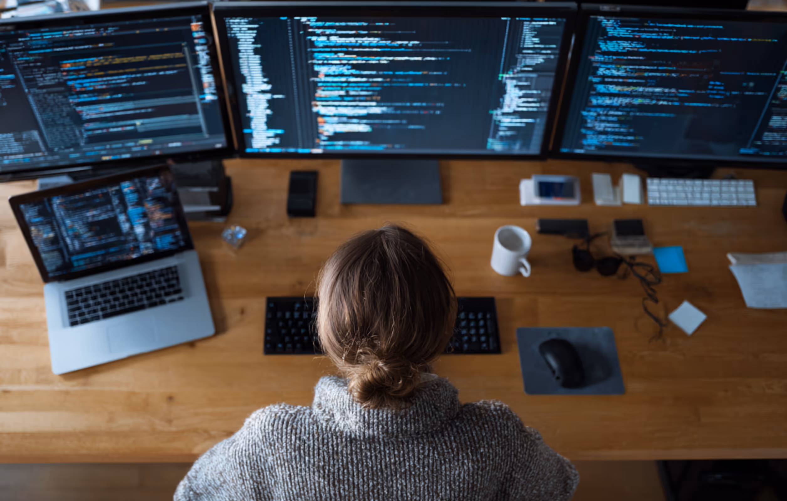 Person with hair tied in a bun working at a wooden desk with three monitors and a laptop displaying code.