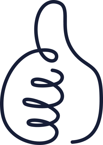 Outline of a hand giving a thumbs-up gesture in dark blue on white background.