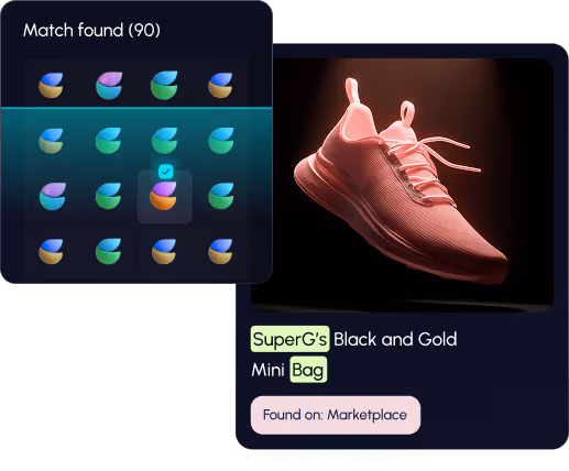 Screenshot showing a pattern matching game with 90 matches, alongside a product image of a pink sneaker labeled 'SuperG's Black and Gold Mini Bag' found on TikTok.