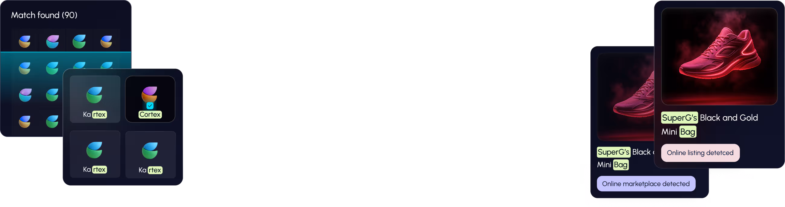 Interface showing logo matches and online listings with brand names 'Kartex', 'Cortex', and 'SuperG’s' on products including a pink sneaker.