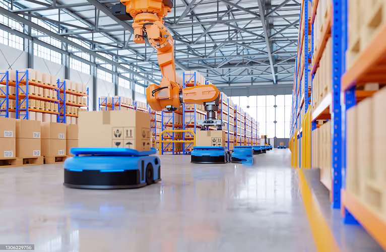 Automated warehouse with orange robotic arm loading boxes onto blue autonomous mobile robots on the floor between tall shelves.