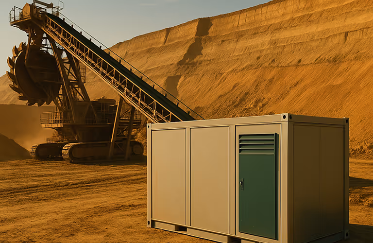 Large mining excavator with conveyor belt and beige industrial container in a sandy quarry.