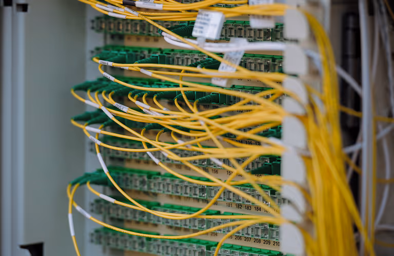 Close-up of network patch panel with numerous yellow fiber optic cables connected to green ports.