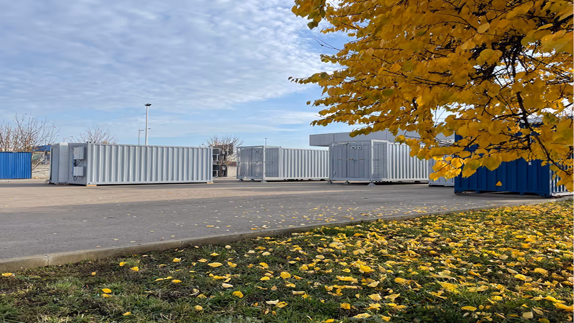 Gray shipping containers on a paved lot with yellow autumn leaves on the ground and tree in the foreground under a cloudy sky.