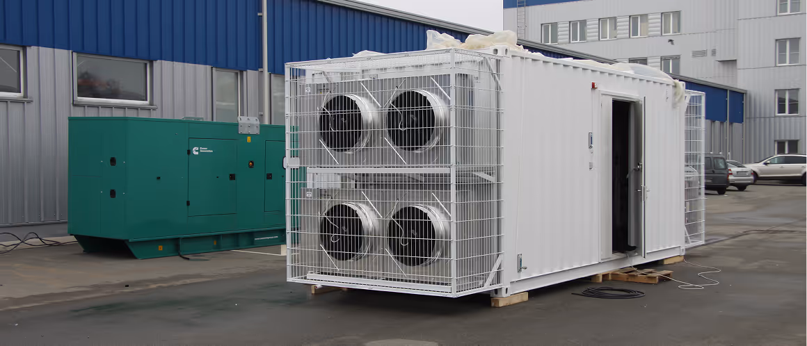 White industrial container with four large ventilation fans and an open door, situated outdoors near a green generator and industrial buildings.