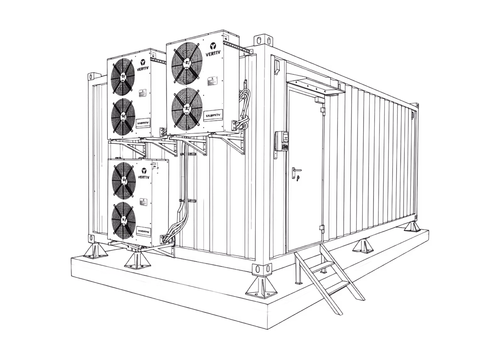 Industrial cooling unit structure with multiple large fans mounted on metal framing and a small staircase leading to an entry door.