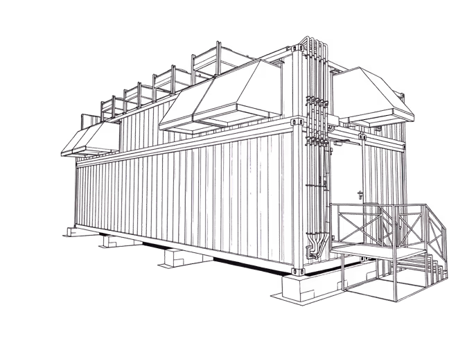 3D wireframe model of a rectangular building structure with multiple levels and an entrance staircase.
