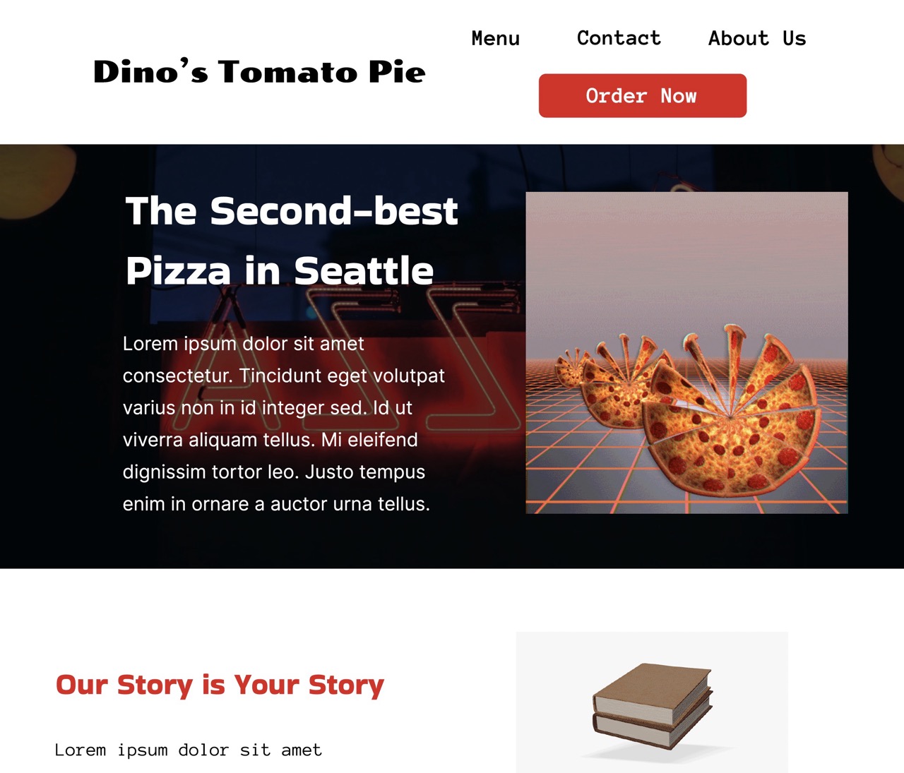 Screenshot of the Home page of my remade Dinos Tomato Pie website.