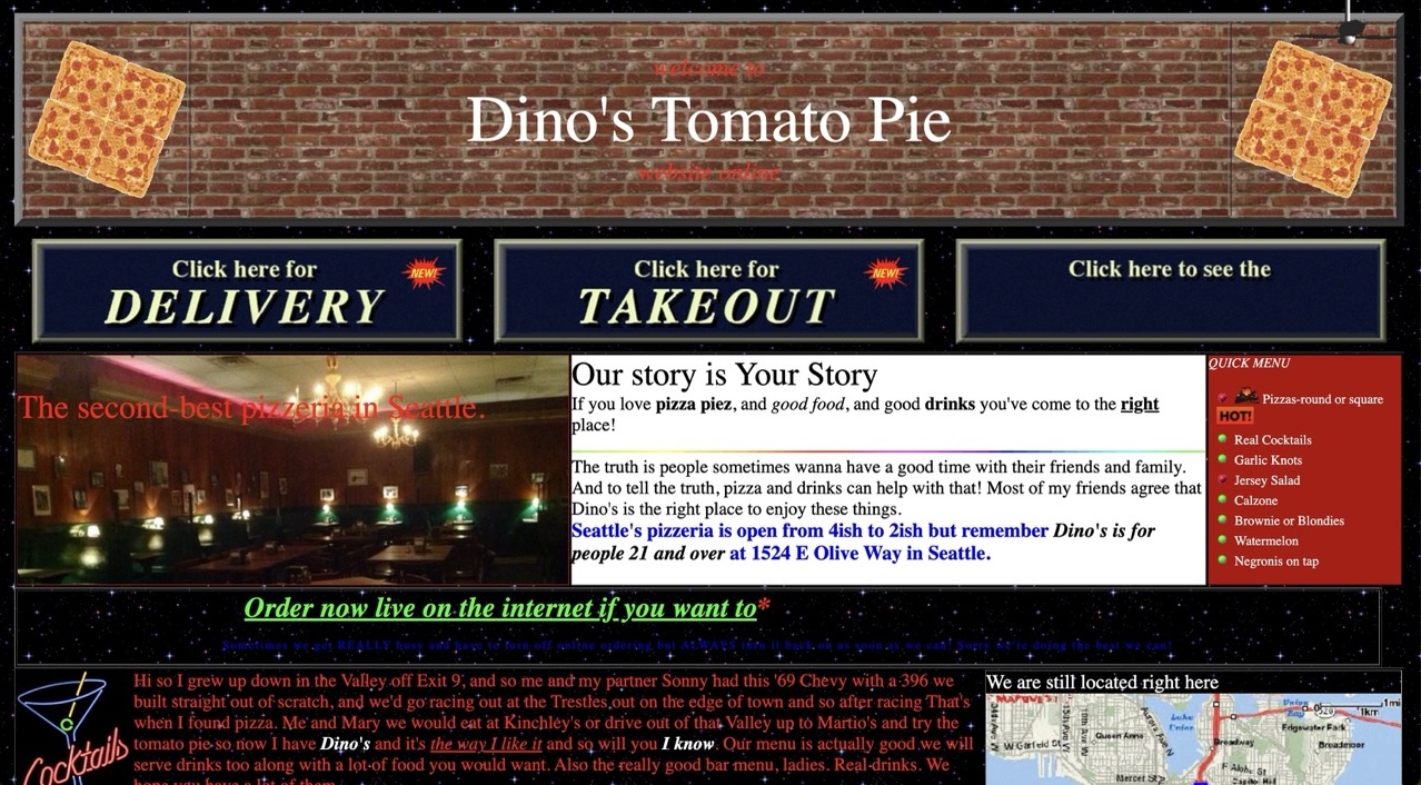 Screenshot of the original Dinos Tomato Pie website.