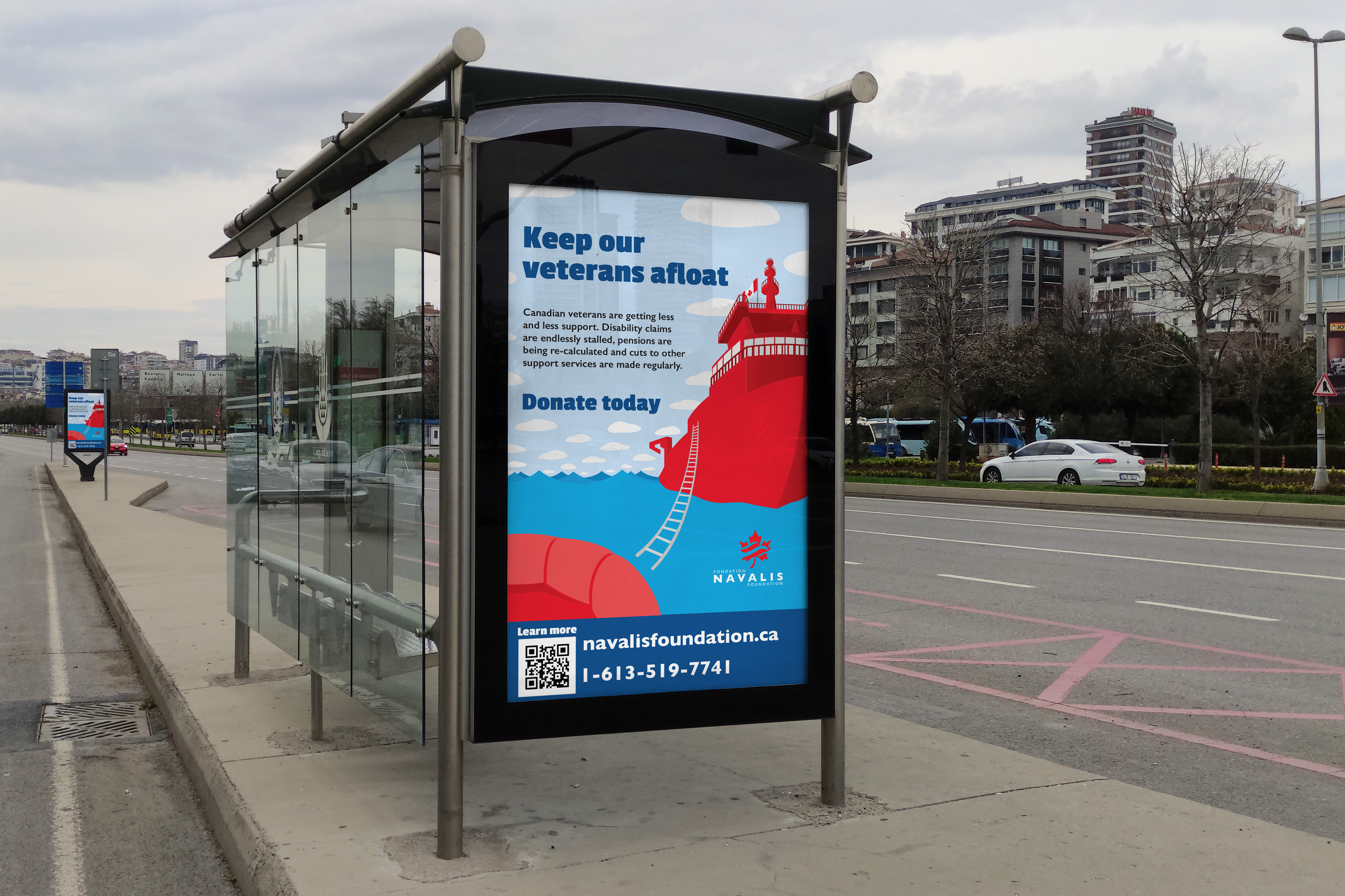 A mockup of one of my non-profit pieces as it would look in use at a bus stop.