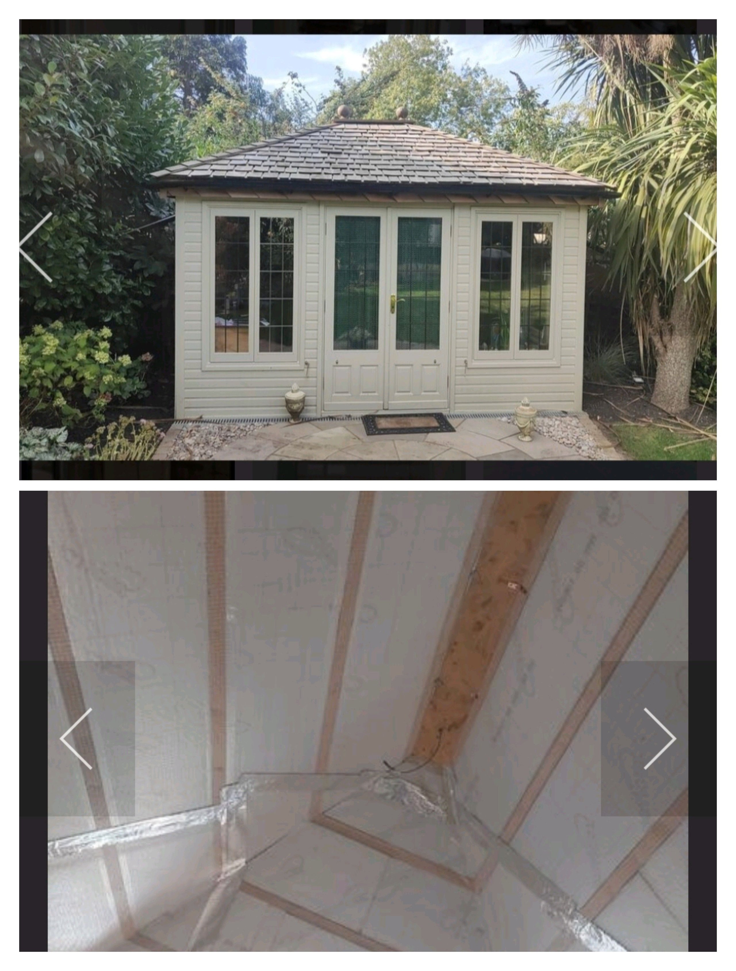 Two-part image showing an exterior view of a beige garden shed with double glass doors and windows surrounded by greenery, and an interior view of the shed’s wooden frame with insulation installed.