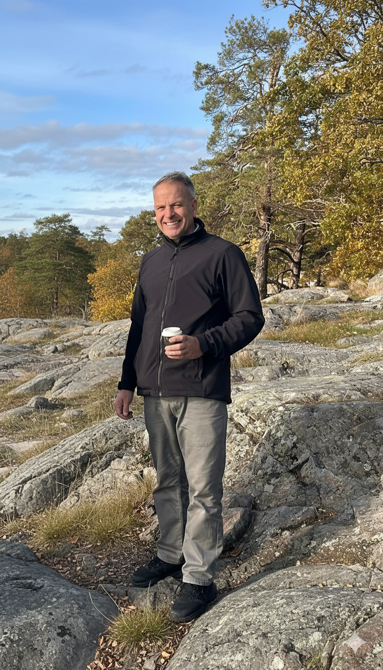 Man wearing a black jacket and light pants holding a cup, standing on rocky terrain with trees and blue sky in the background.