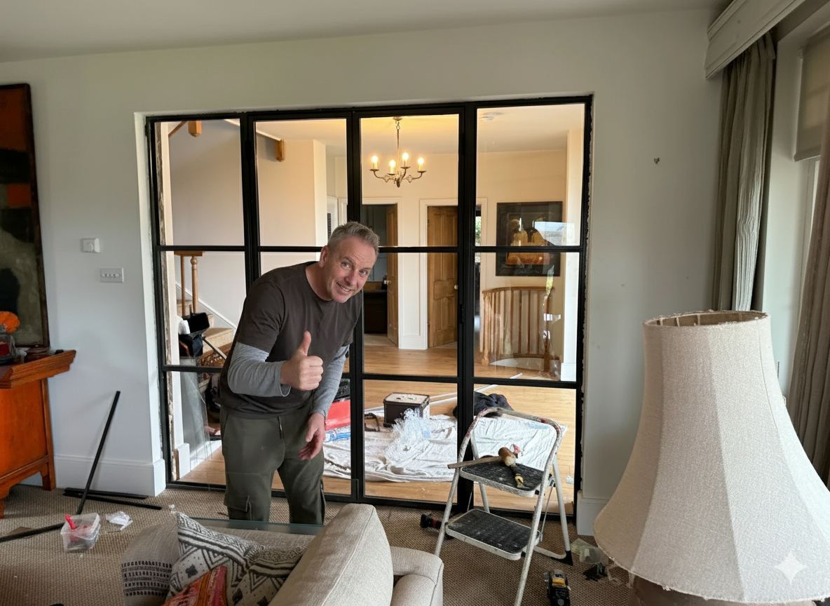 Man in casual clothes giving a thumbs-up inside a living room with a lamp, sofa, and step ladder near glass partition panels.