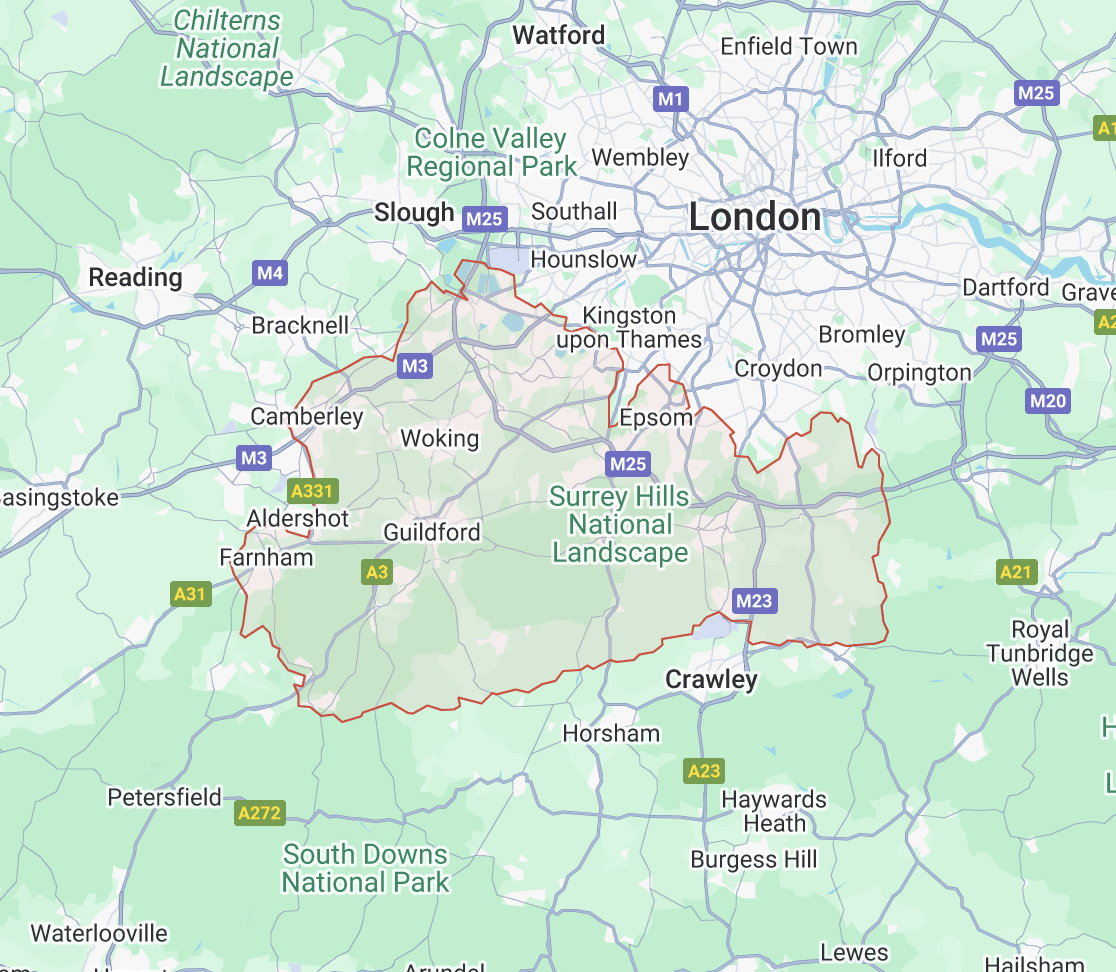 Map highlighting Surrey Hills National Landscape near London with surrounding towns like Guildford, Crawley, and Epsom.
