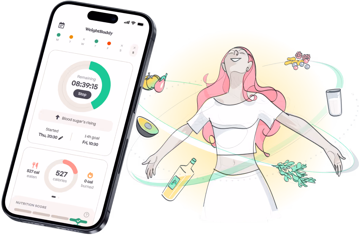 WeightBuddy app displaying fasting countdown and calorie tracking alongside illustration of woman surrounded by healthy food icons