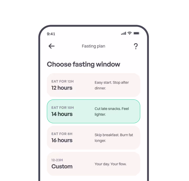 WeightBuddy app displaying fasting plan options with multiple intermittent fasting window durations to choose from