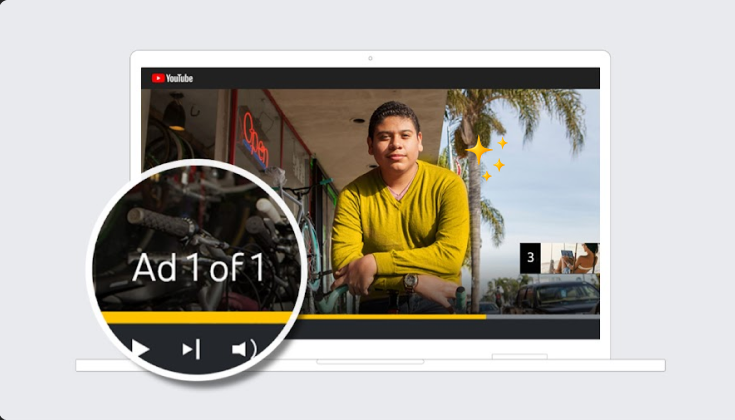 YouTube in-player ad overlay ("Ad 1 of 1") on a sales video — pre-roll and platform UI break the conversion-focused viewing experience
