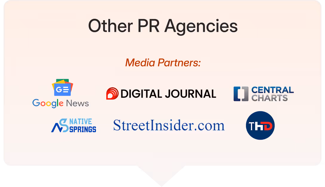 Other PR Agencies. Media Partners: Google News, Digital Journal, Central Charts, Native Springs, StreetInsider.com, THD.