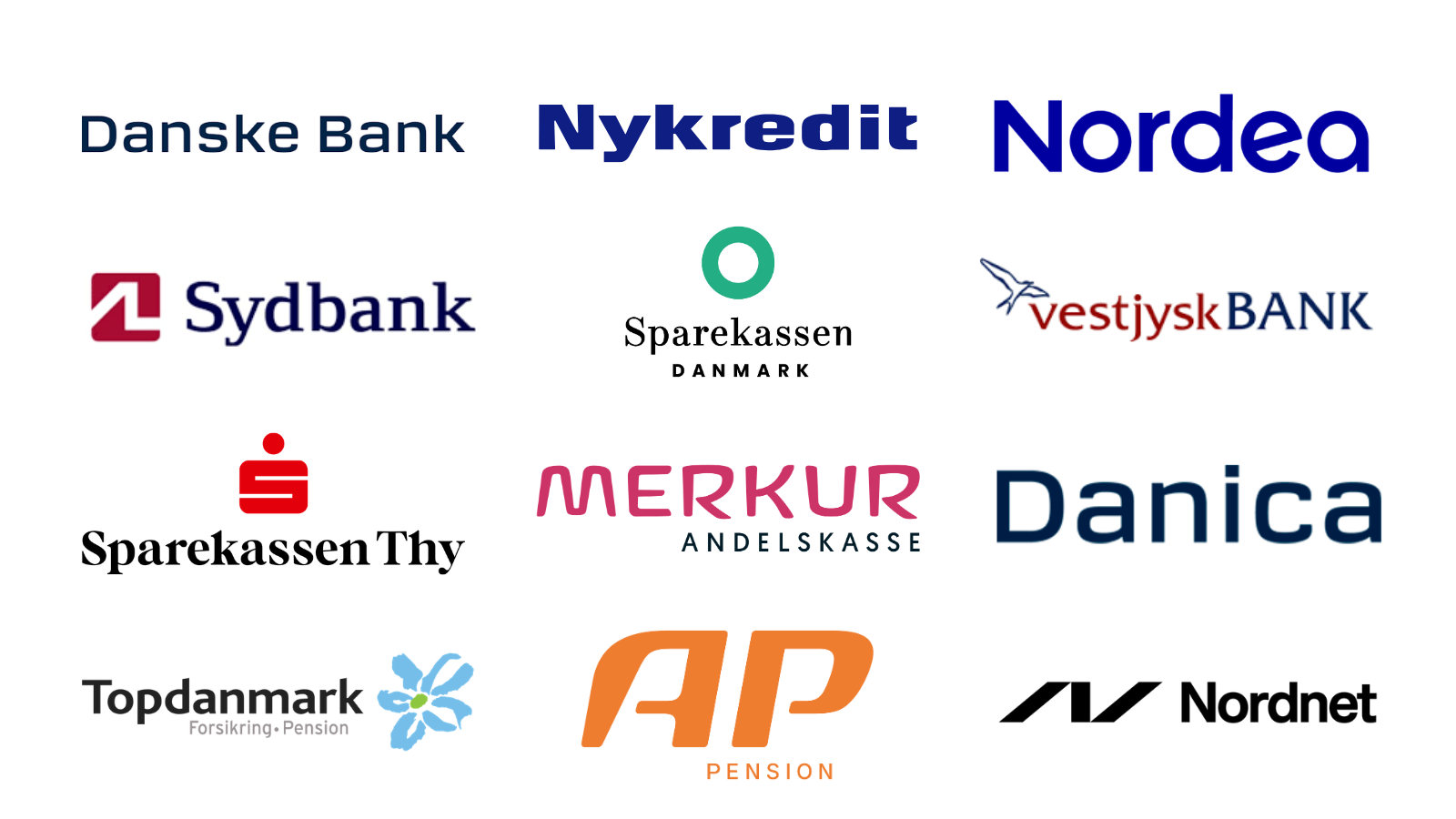 Vores samarbejdspartnere: Danske Bank, Nykredit, Nordea, Sydbank, Sparekassen Danmark, vestjyskBANK, Sparekassen Thy, Merkur Andelskasse, Danica Pension, Topdanmark, AP Pension og Nordnet