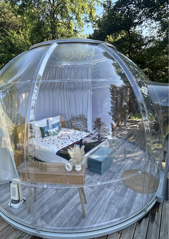Chambre avec lit décoré de pétales de rose à l'intérieur d'une bulle transparente en pleine nature.