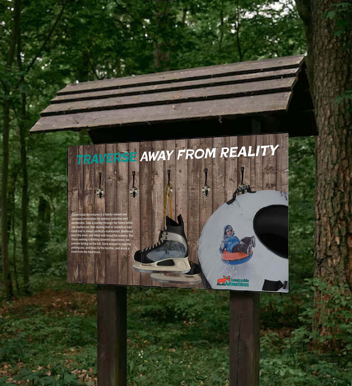 Countryside Adventures signage in the woods displaying hockey skates and a tub hanging on a hook from a wooden wall. The slogan is "Traverse away from reality"