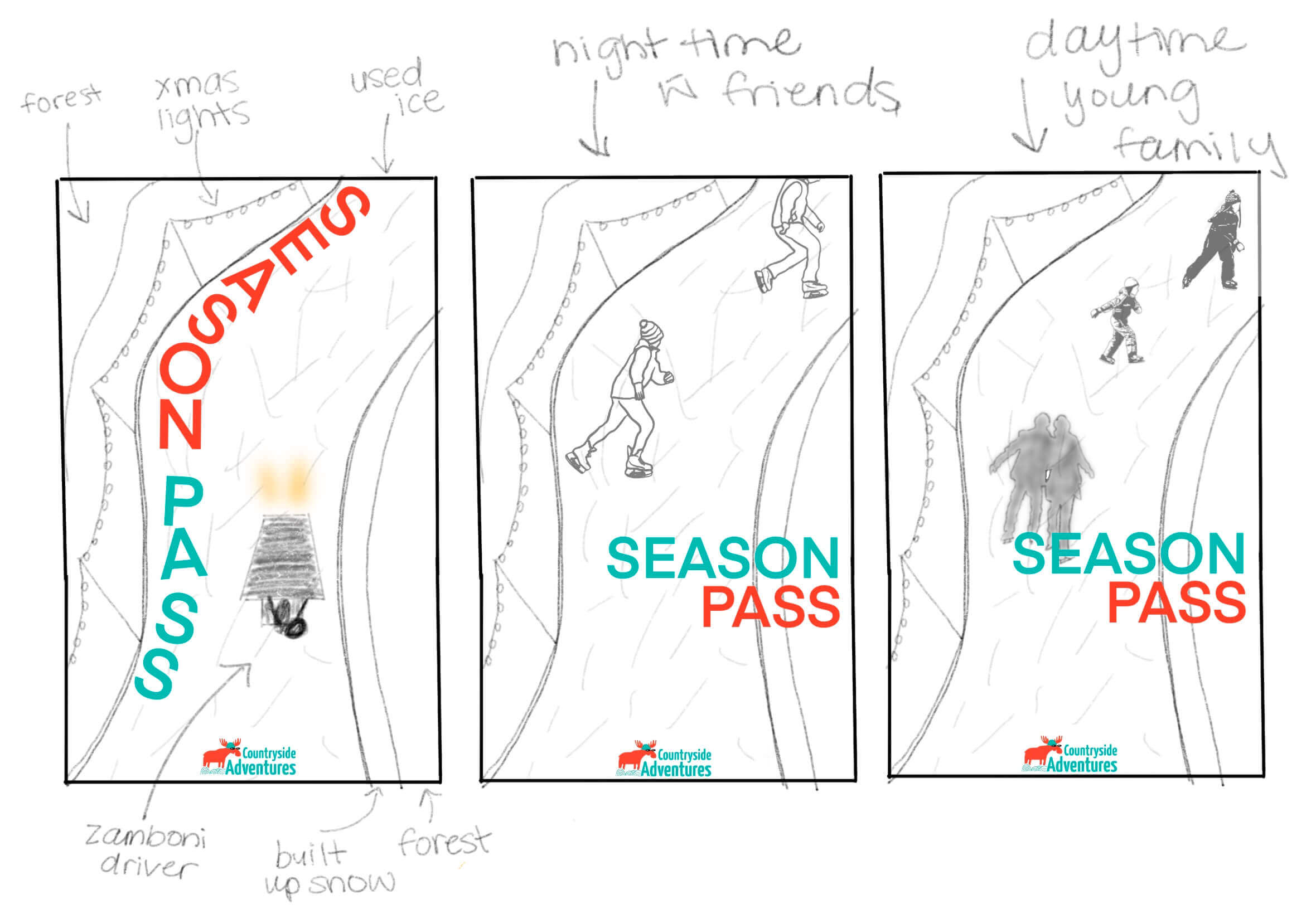 3 sketches displaying different times of the day the skating trail is being used. 1st Zamboni clearing the ice, 2nd a couple of friends at night skating, 3rd a young family skating in the daytime.