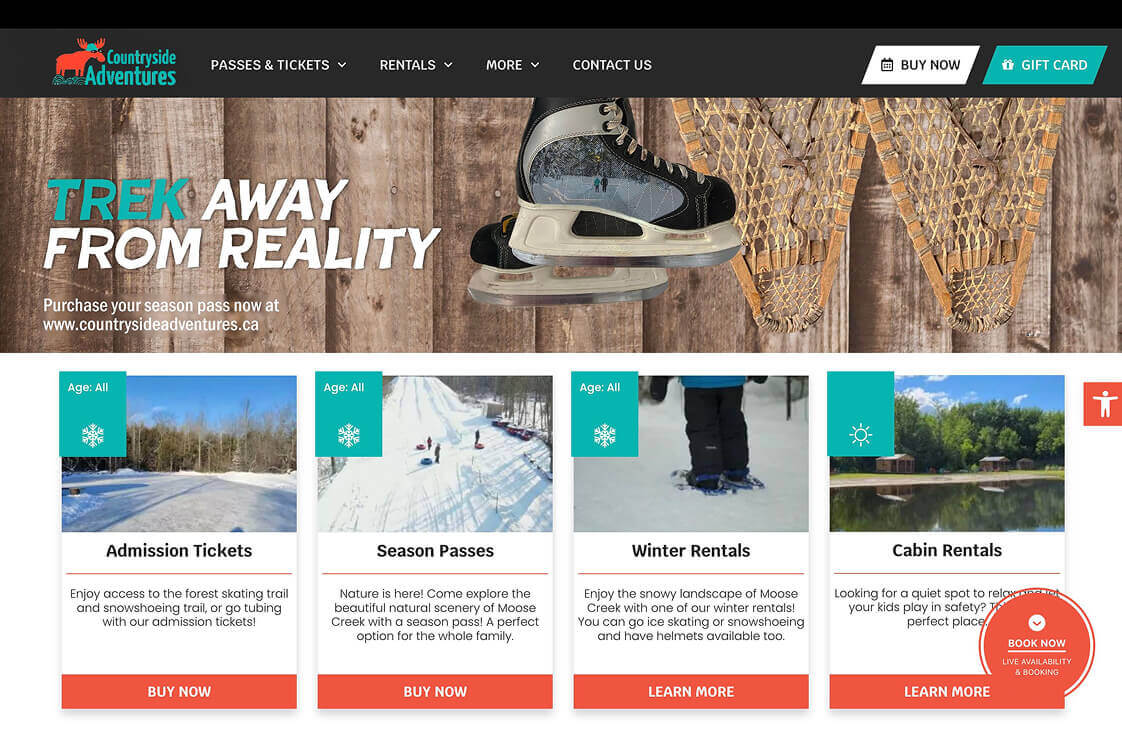 A mockup of Countryside Adventure's website with the banner of hockey skates and old snow shoes. The slogan is "Trek away from reality".