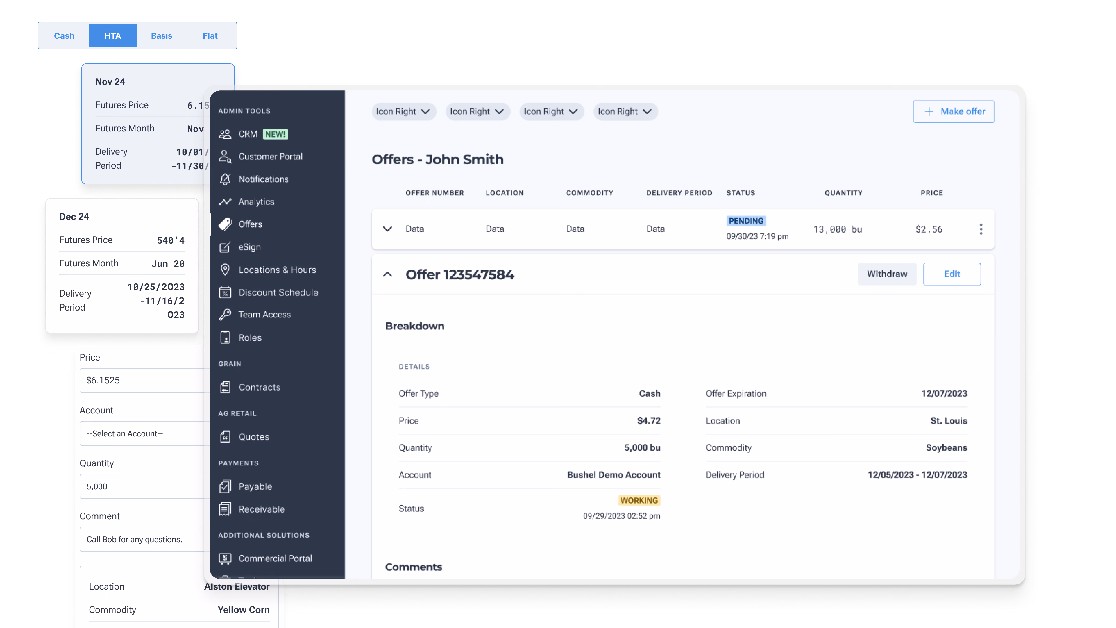 Screenshot of the Bushel grain trading dashboard