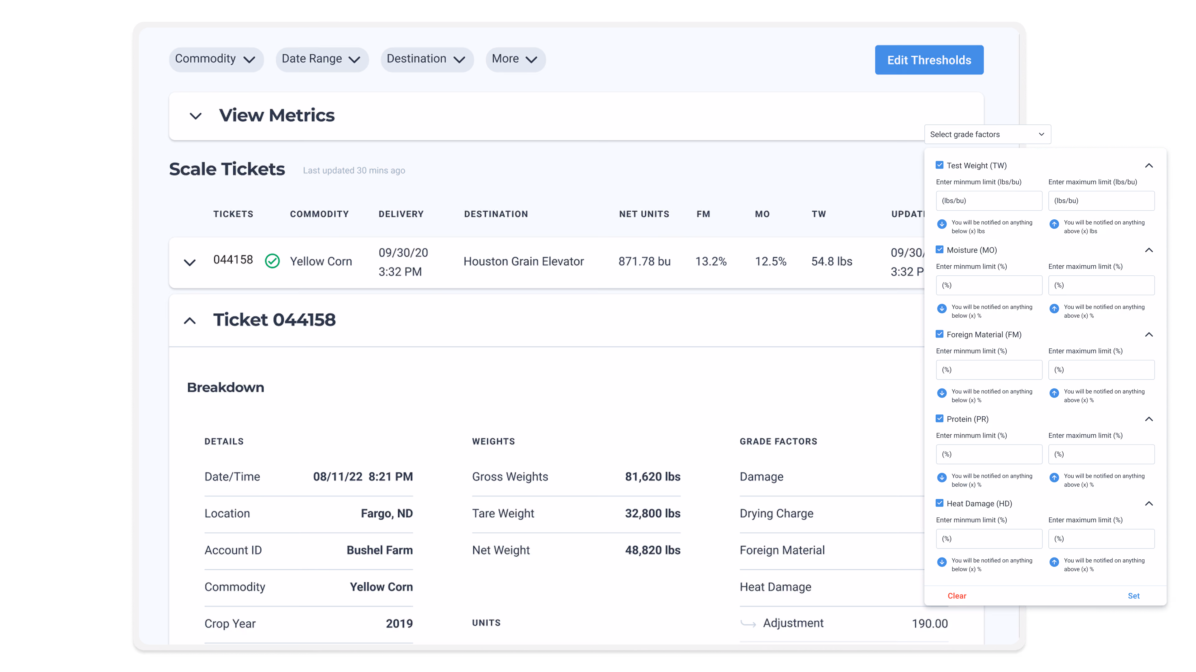 Screenshot of the Bushel commercial portal dashboard
