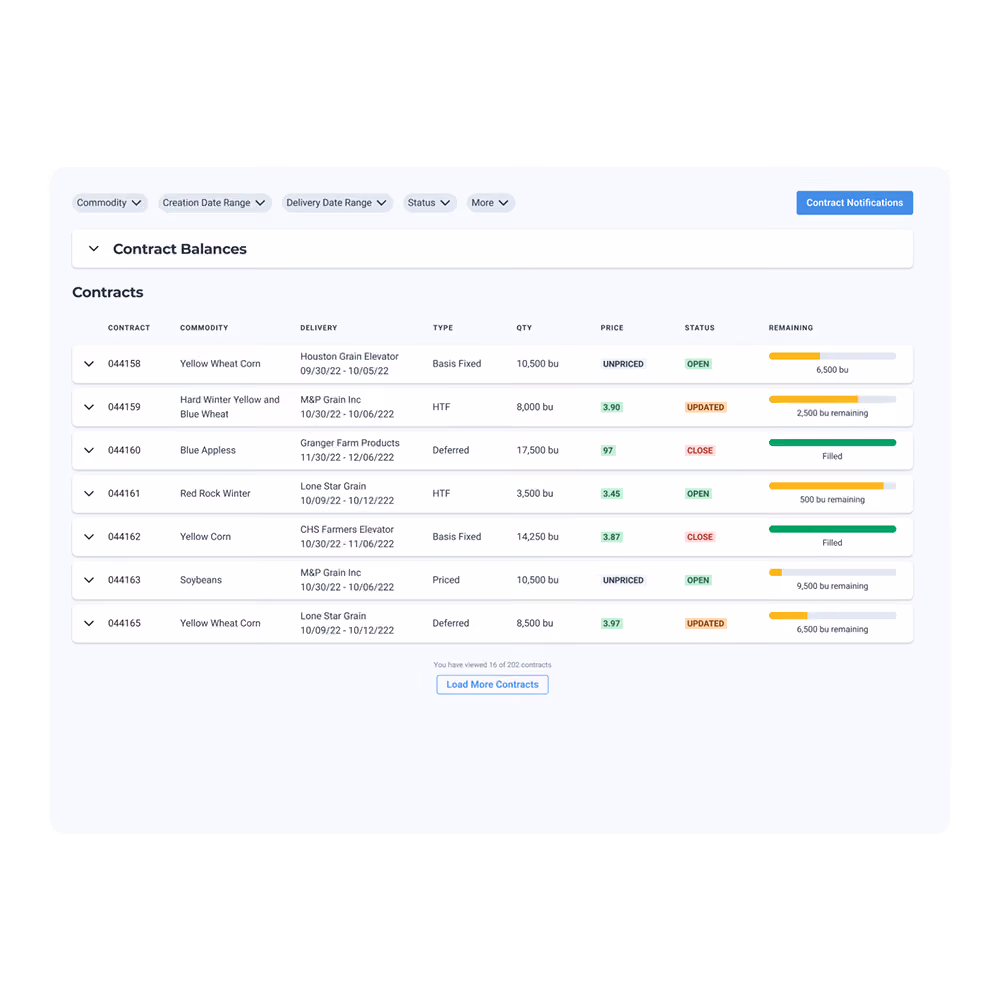 Screenshot of the Bushel commercial portal ticket reconciliation screen
