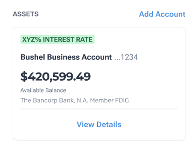 Bushel Farm interest-bearing business account screen