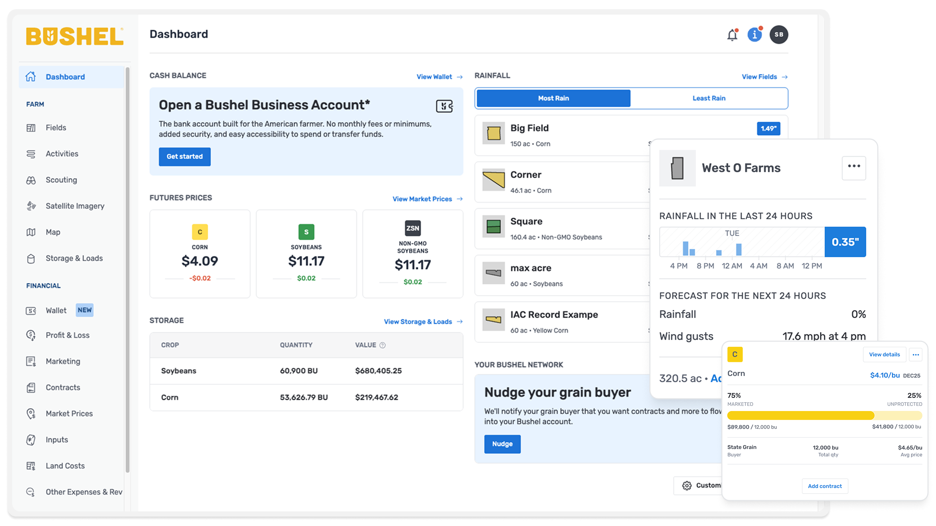 Screenshot of the Bushel Farm dashboard