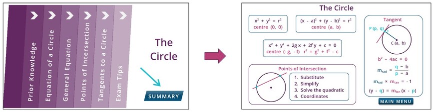 Example showing how to open the Whole Topic Summary: an arrow points to the 'Summary' button with a preview of the summary page layout students will see after clicking.