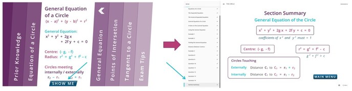 Example showing how to navigate to a Section Summary: an arrow highlights the 'Show Me button in the opened section header on the Main Menu, leading to an arrow showing where to click on the left-and menu for the Section Summary page.