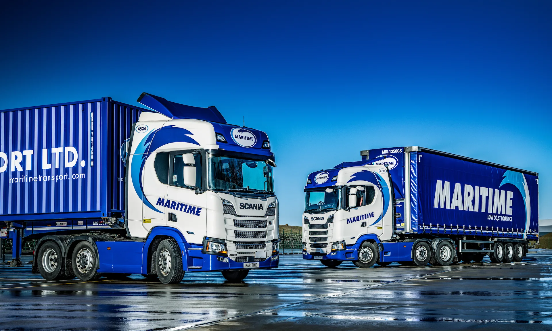 A curtainsider and a container HGV in a transport depot.