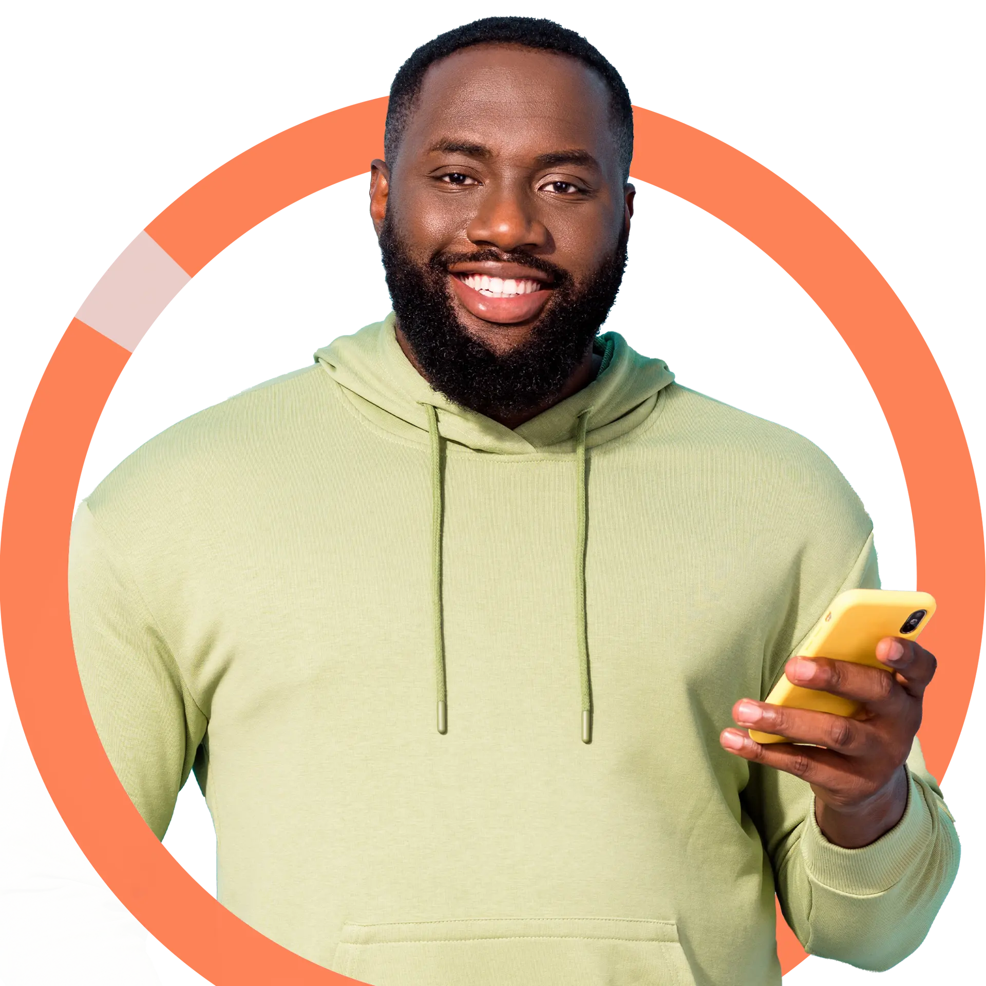 Smiling man with beard wearing light green hoodie holding a yellow smartphone.