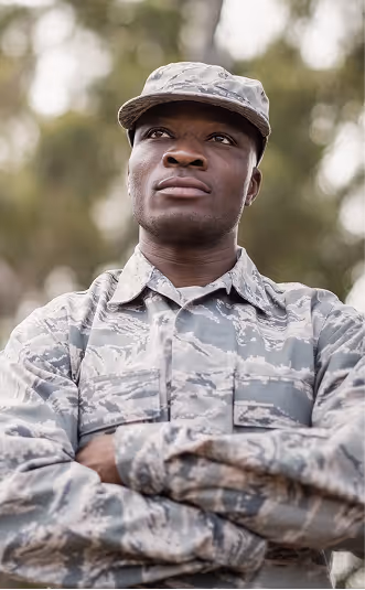 Confident male soldier in camouflage uniform and cap standing outdoors with arms crossed.