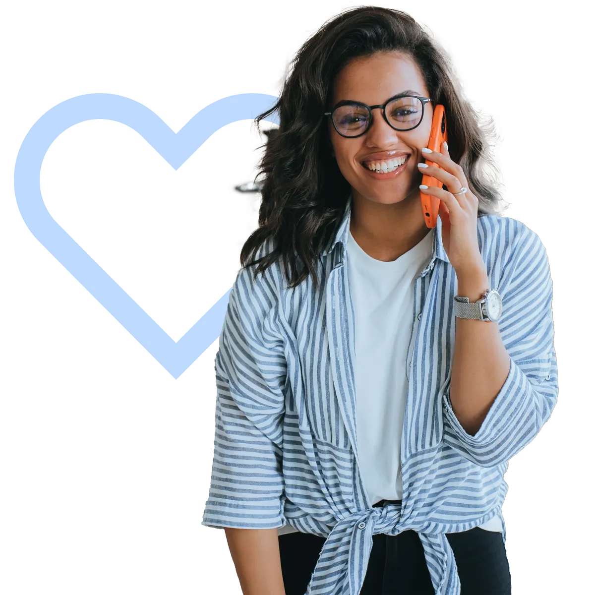 Smiling woman with glasses talking on an orange phone, wearing a striped shirt over a white top, with a blue heart outline in the background.