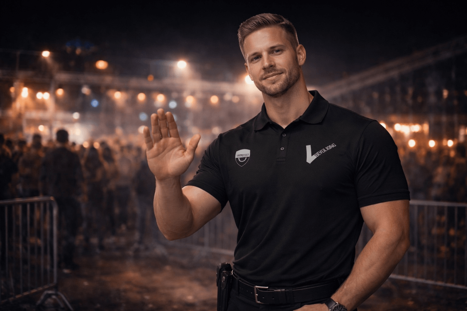 Professionele beveiliger van YSProtect bij evenement, herkenbaar aan zwart beveiligingspolo, zorgt voor rust en veiligheid bij uitgaanspubliek