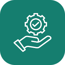 Outlined hand holding a gear with a checkmark inside on a teal rounded square background.