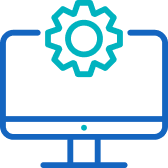 Icon of a desktop monitor with a gear above symbolizing computer settings or system configuration.
