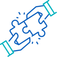 Two hands holding and connecting two jigsaw puzzle pieces.