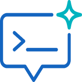 Blue command line chat bubble icon with a sparkle in the upper right corner.